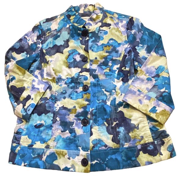 Coldwater Creek Cotton/Linen Blue Multi Abstract Floral Ruffle Neck Jacket Sz 12 - Picture 3 of 11